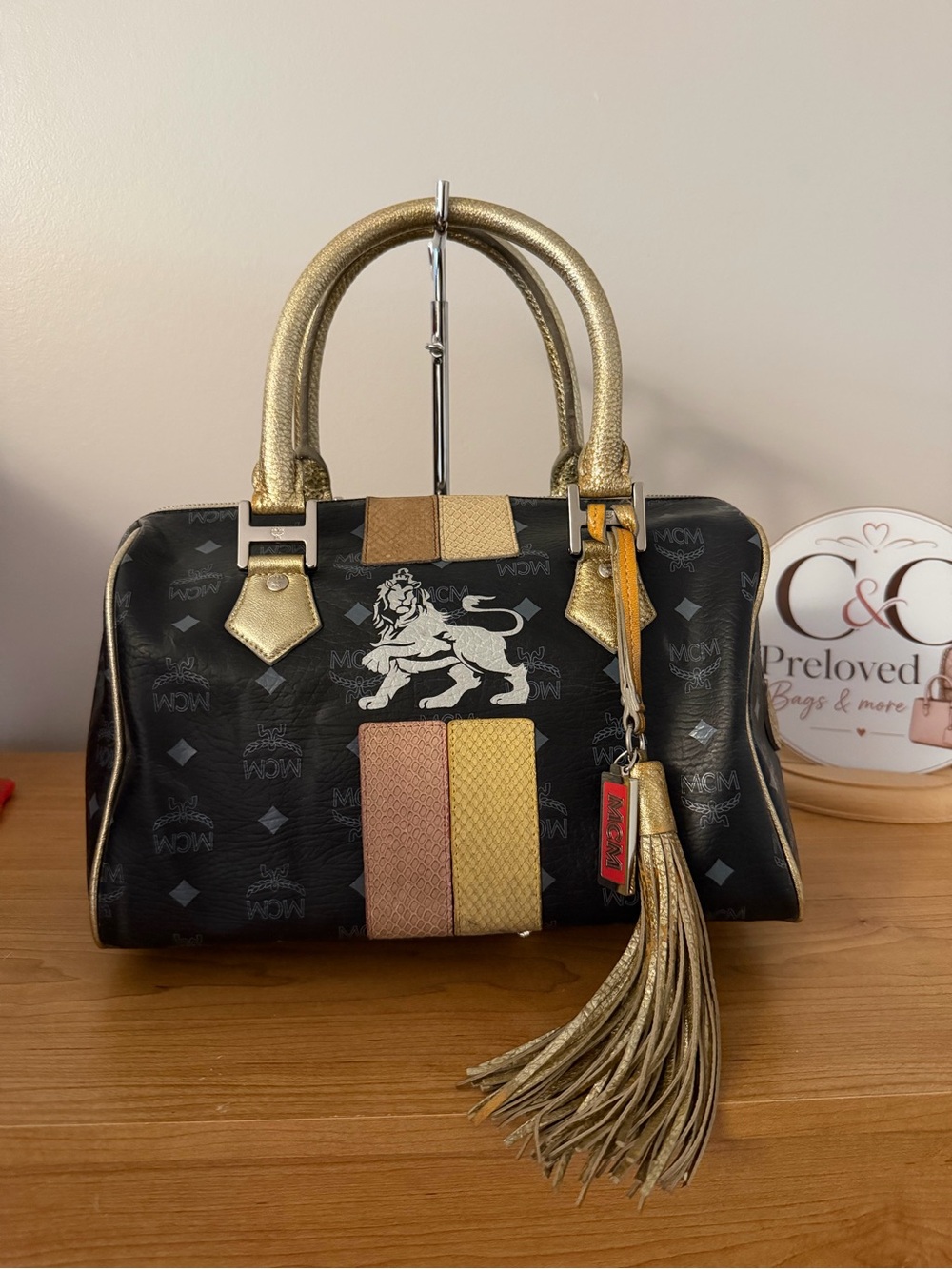 MCM Black Satchel with Gold Handles and Pink-Yellow Stripe